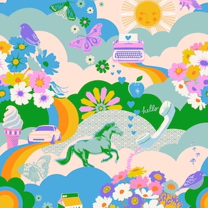 Könnte beinhalten: Eine skurrile Illustration mit Schmetterlingen, Blumen, einer Sonne mit Gesicht, einer Schreibmaschine, einem Pferd und einem Eis. Die Farbpalette umfasst Rosa, Blau, Grün und Gelb und erzeugt ein fröhliches und verspieltes Design.