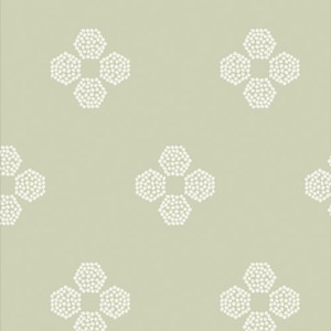 May include: A seamless pattern with a repeating design of white stylized flowers on a light green background.