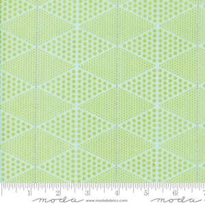 May include: A green and blue fabric with a geometric pattern of diamonds made up of small dots. The fabric is measured with a ruler that says "moda" on it.