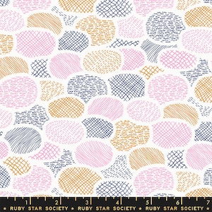 May include: A white background with a repeating pattern of overlapping circles in pink, gold, and navy blue. Each circle is filled with a different hand-drawn pattern.