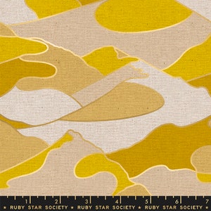 May include: Abstract pattern fabric with a beige background and gold outlined shapes in yellow and tan. The fabric has a textured linen look. The text "RUBY STAR SOCIETY" is printed at the bottom of the fabric.