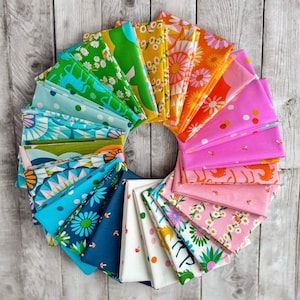 以下が含まれることがあります： カラフルな生地の正方形が円形に配置されています。生地には、花柄、幾何学模様、気まぐれなデザインなど、さまざまなパターンが施されています。カラーパレットには、緑、青、黄、オレンジ、ピンクの色合いが含まれており、活気があり陽気なディスプレイを作成しています。キルトや工芸に最適です。