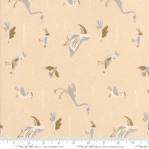 May include: Fabric with a repeating pattern of stylized birds in shades of gray, gold, and white on a light beige background. The birds are depicted in various poses, some with outstretched wings, others with their beaks down. The fabric has a vintage or retro aesthetic.