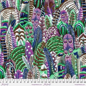 May include: A colorful fabric featuring a repeating pattern of stylized feathers in shades of green, purple, blue, and brown. The feathers are arranged in a random pattern and overlap each other.