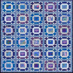 May include: A blue and white quilt with a repeating pattern of squares and octagons. The quilt is made up of different fabrics with floral and geometric designs.