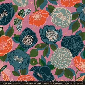 May include: A pink fabric with a floral pattern featuring blue, green, and orange flowers. The flowers are stylised and have a whimsical feel. The fabric is perfect for quilting, sewing, and crafting.