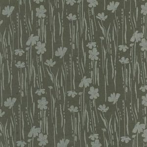 May include: A fabric with a repeating floral pattern. The design features white flowers and vertical lines on a muted olive green background. The pattern is evenly distributed across the fabric.