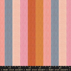 May include: A colourful striped fabric with alternating bands of light pink, dark pink, orange, brown, and blue. The fabric has a subtle texture.
