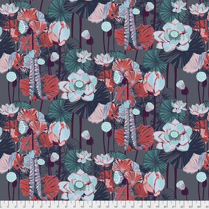 May include: A seamless pattern featuring a repeating design of stylised blue and pink lotus flowers, red and green leaves, and a dark grey background.