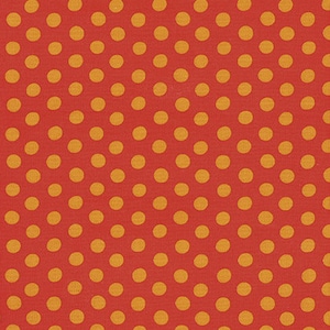 May include: Red fabric with a repeating pattern of orange polka dots.