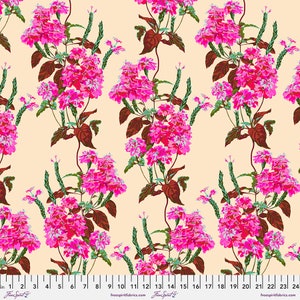 May include: A seamless fabric pattern featuring pink flowers with green leaves and stems on a cream background.