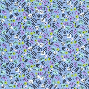 May include: A blue fabric with a white, black, green, and pink floral pattern. The pattern is a repeating design of stylized leaves and flowers.