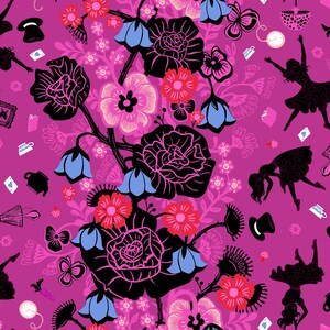 May include: A vibrant, repeating pattern featuring black silhouettes of figures, flowers, and whimsical objects on a magenta background. The design includes black roses, pink and red flowers, and blue bell-shaped blossoms, creating a whimsical and artistic aesthetic.