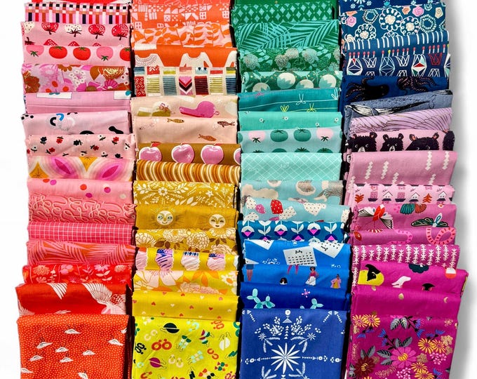 Fat 16th of various Ruby Star Society fabrics as shown in photo (64 in total) - Mixed Rainbow