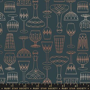 May include: Dark teal fabric with a repeating pattern of various wine glasses, decanters, and tumblers in copper and white outlines. The text "RUBY STAR SOCIETY" is at the bottom.