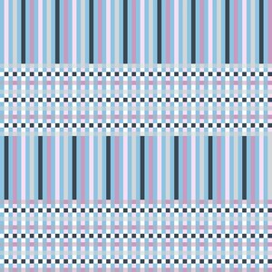 Pode incluir: Padrão geométrico abstrato com listras verticais em tons de azul, rosa, cinza e preto, intercaladas com seções de quadrados quadriculados. O design é simétrico e repetitivo, criando uma composição visualmente equilibrada.