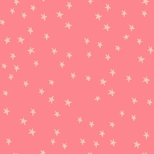 May include: A repeating pattern of hand-drawn stars in a pale beige hue, set against a coral-pink backdrop. The stars are randomly placed, creating a cheerful and whimsical design, ideal for textiles or decorative purposes.