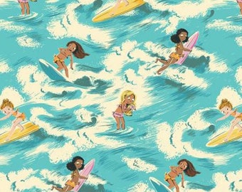 Malibu by Heather Ross -- Fat quarter of Blue Surf Girls in Ocean - 52145-1