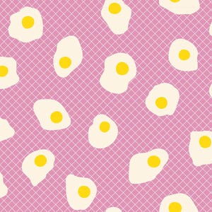May include: A repeating pattern of cartoon fried eggs with yellow yolks and off-white whites. The eggs are scattered across a pink background with a white grid pattern. The design is playful and whimsical.