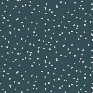 May include: A seamless pattern of white polka dots on a dark teal background.