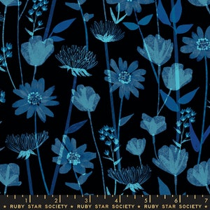 May include: A black fabric with a blue floral pattern. The flowers are stylised and have a watercolour effect. The fabric is printed with the text "RUBY STAR SOCIETY" repeated three times.