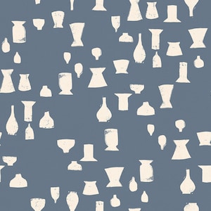 May include: A seamless pattern of white silhouettes of various vases and cups on a blue background.