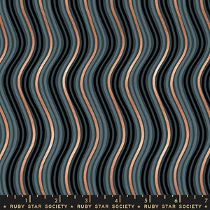 May include: Abstract wavy pattern fabric in shades of blue and copper. The fabric features a repeating pattern of wavy lines in a dark blue color with copper colored lines running through them. The fabric is perfect for quilting, sewing, and crafting.