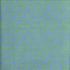 May include: A blue fabric with a repeating pattern of green oval shapes filled with small yellow dots.