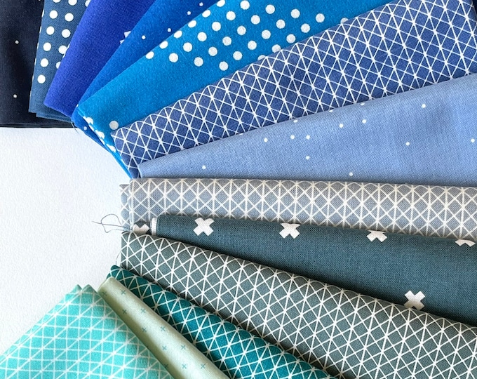 Fat Quarter Bundle of 13 Blue  Fabrics from Cotton and Steel Basics - Unique Bundle