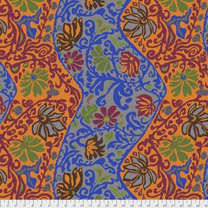 May include: A seamless pattern featuring a repeating design of stylized flowers and leaves in shades of blue, orange, green, and purple. The pattern is set against a gray background.