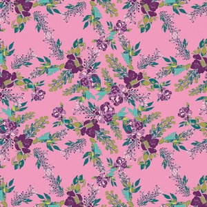 May include: A pink background with a repeating pattern of purple flowers and green leaves.