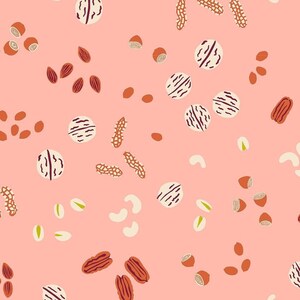 Può includere: Uno schema senza cuciture che presenta varie noci e semi su uno sfondo rosa. Lo schema include noci, mandorle, anacardi, noci pecan, nocciole e arachidi.