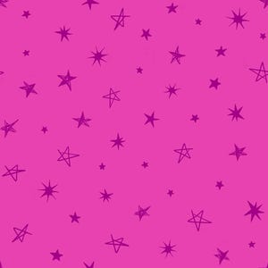 Pode incluir: Um padrão sem costura de estrelas roxas sobre um fundo rosa. As estrelas são desenhadas em uma variedade de estilos, algumas com pontas e outras com bordas arredondadas.