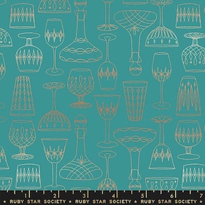 May include: Teal blue background with a repeating pattern of gold metallic glasses and decanters. The glasses are in various shapes and sizes, including wine glasses, champagne flutes, and decanters. The pattern is a modern and stylish design.
