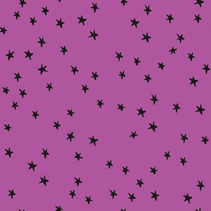 May include: A seamless pattern of black stars on a bright purple backdrop. The stars are illustrated in a simple, hand-drawn style, creating a playful and appealing design. Ideal for various applications, this pattern is visually striking.