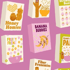 以下が含まれることがあります： 「Honey Homies」や「Banana Buddies」などの遊び心のある名前が付けられた、イラスト入りのシリアルボックスのパターン。各ボックスには漫画のグラフィックと明るい色がピンク色の背景に描かれています。ボックスはレトロな美学でデザインされています。