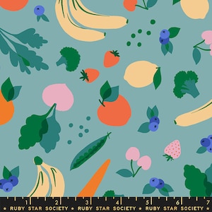 May include: A teal blue background with a repeating pattern of various fruits, vegetables, and berries. The pattern includes bananas, lemons, oranges, strawberries, blueberries, broccoli, peas, and carrots.