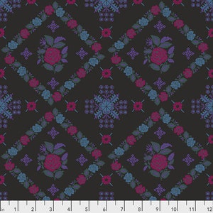 May include: A black fabric with a repeating pattern of pink and blue flowers and geometric shapes. The pattern is reminiscent of embroidery.