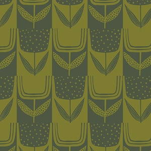 May include: A seamless pattern featuring stylised green tulips with a dotted pattern on the petals. The background is a darker shade of green.