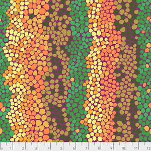 May include: Abstract pattern with a repeating design of small, colourful circles in shades of orange, yellow, green, and purple. The circles are arranged in a wavy pattern, creating a sense of movement.