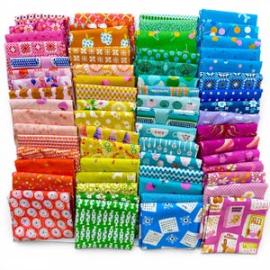 May include: A collection of colorful fabric bundles, each folded neatly. The fabrics display a variety of patterns, including fruits, flowers, and geometric shapes, in shades of pink, orange, green, blue, and yellow. Ideal for quilting and crafting projects.