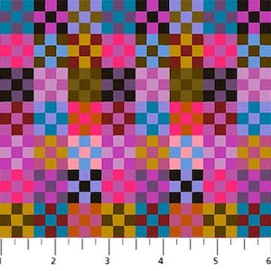 May include: A vibrant, pixelated pattern featuring a mosaic of small squares in shades of pink, purple, blue, yellow, and brown. The design is displayed against a white background with a ruler along the bottom, marked in inches.