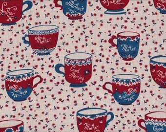 Japanese 100% LINEN fat quarter by Kei - teacups in taupe, red and blue - wide width