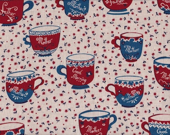 Japanese 100% LINEN fat quarter by Kei - teacups in taupe, red and blue - wide width