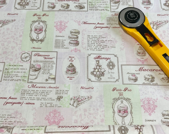 Japanese cotton fat quarter by Yuwa - Macaron Recipes in pink and green