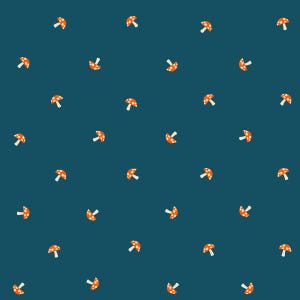 May include: A teal background featuring a repeating pattern of orange and white mushrooms. The mushroom caps are orange with white spots, and the stems are white. The mushrooms are evenly spaced.