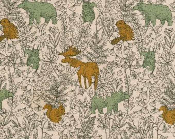 Bear Moose Cotton Flax Fabric in  Natural Colour by Robert Kaufman = 25cm increment cut