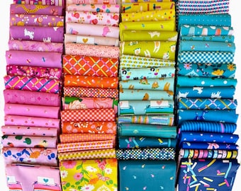 Fat 16th of various Ruby Star Society fabrics as shown in photo (64 in total) - Mixed Rainbow