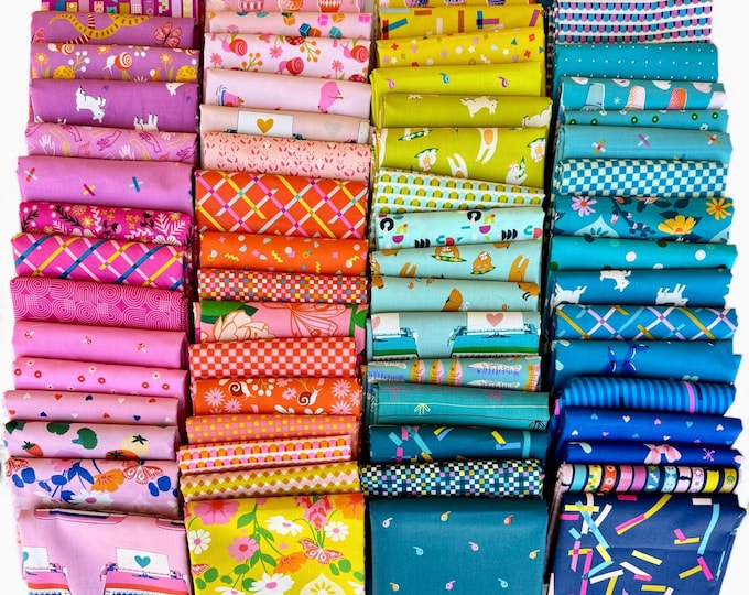 Fat 16th of various Ruby Star Society fabrics as shown in photo (64 in total) - Mixed Rainbow