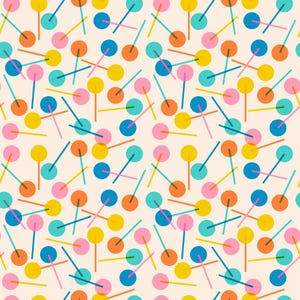 Puede incluir: Patrón repetitivo de círculos y líneas coloridas sobre un fondo crema. Los círculos son amarillos, rosas, azules y naranjas, conectados por líneas finas. El diseño tiene un aspecto lúdico y abstracto.